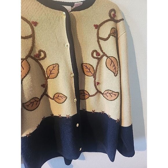 Crystal Kobe Fall Autumn Brown Sweater Cardigan Large Embroidered Leafs Floral - Picture 2 of 7